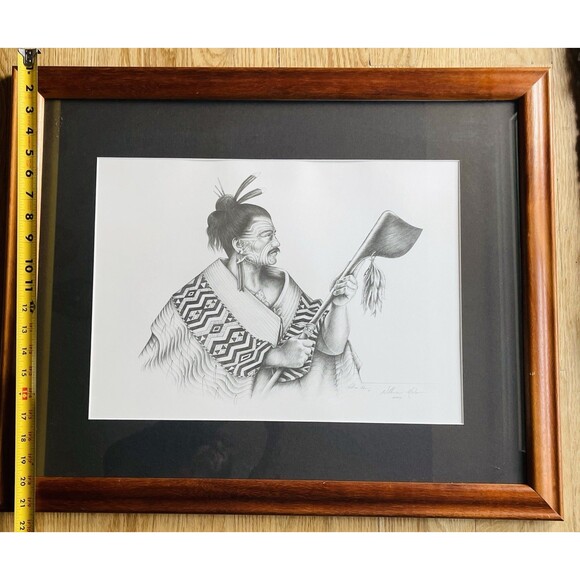 MAORI Warrior Man Framed Etching Tribal Tattoo Holding Taiaha By William Mahon ? - Picture 12 of 16
